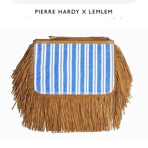 Pierre Hardy x Lemlem Blue Striped Tan Leather Fringe Clutch NWT MSRP $1200